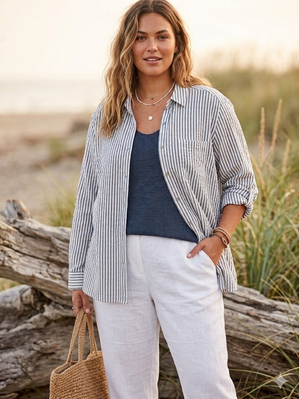 Jane & Delancey Seersucker Textured Button Down Shirt Striped Blue White 2X